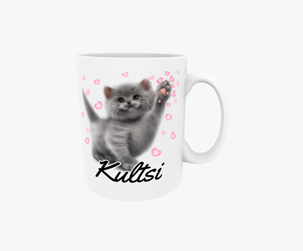 Kultsi / Scottish Fold Kissanpentu ja Sydämmet -Tekstimuki